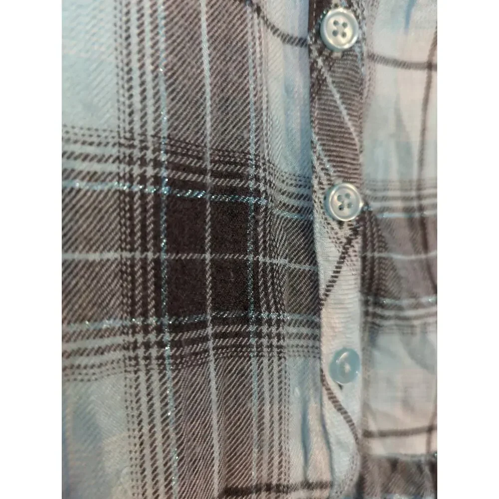 JUSTICE Teal White Plaid Tie Back Long Sleeve Flannel Girls Size 16 FLAW